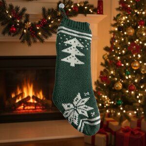 Farmhouse Rachel Ashwell Christmas Stockings Green White Snowflake Knitted 22"
